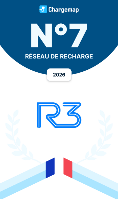 Photo qui décrit le classement suivant : R3 7ème meilleur réseaux de recharge en France en 2026