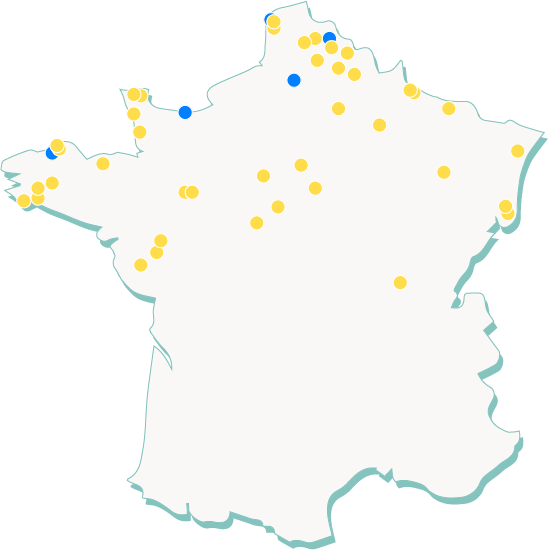 Carte de France qui représente les bornes de recharge ouvertes par R3 et Intermarché